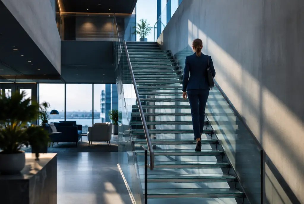 Business strategy consulting: vrouw loopt een glazen trap op in een modern kantoor