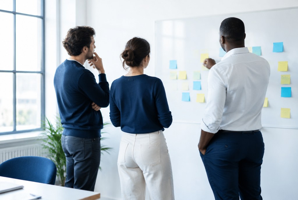 Change management: drie collega's kijken naar een whiteboard met notities