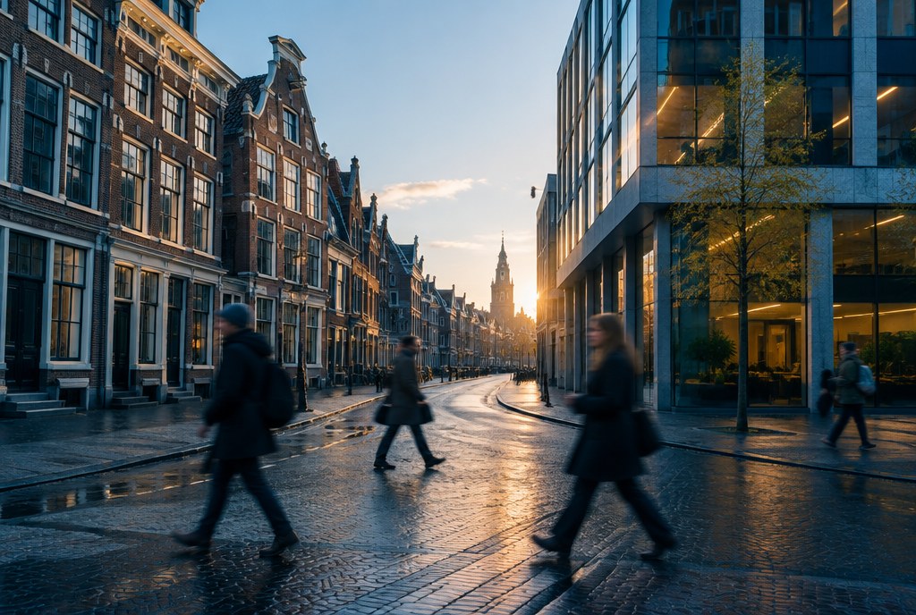 Strategie en ICT-management: mensen steken een straat over bij zonsopgang, oude panden naast een modern kantoor