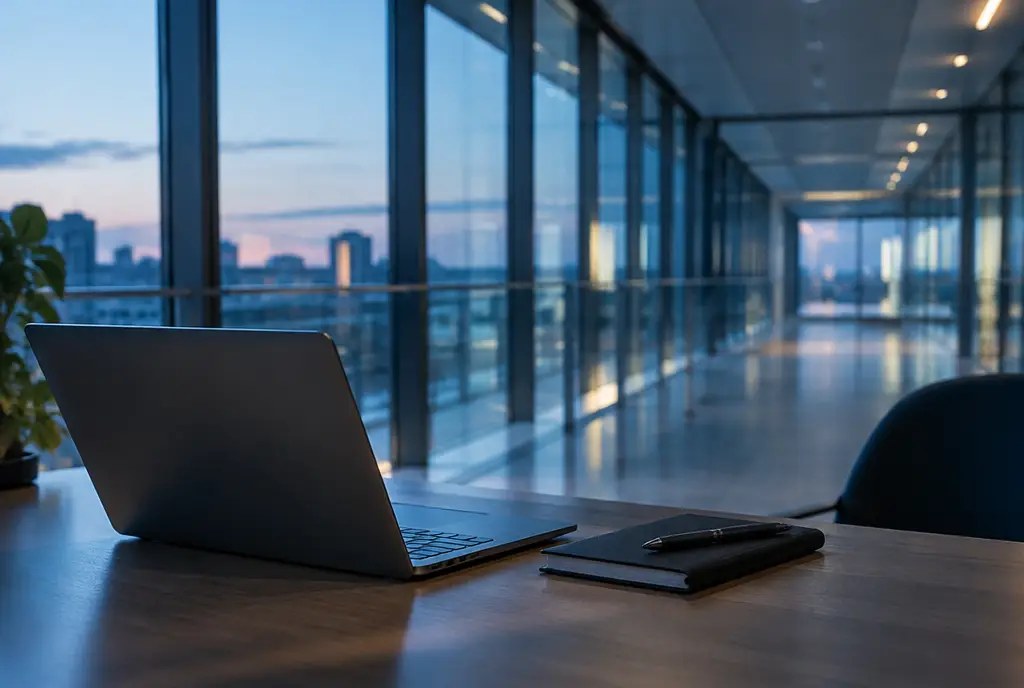 ICT management a.i.: laptop en notitieboek op een bureau voor een glazen gang bij schemering