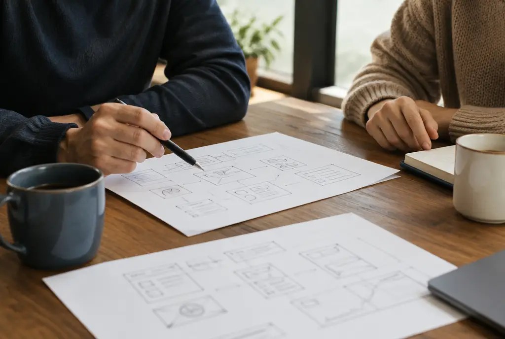 Business sparring: twee mensen bespreken schetsen aan een houten tafel